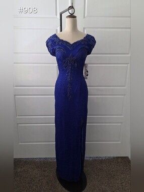 Royal Blue Beaded Vintage Column Evening Gown with Cap Sleeves